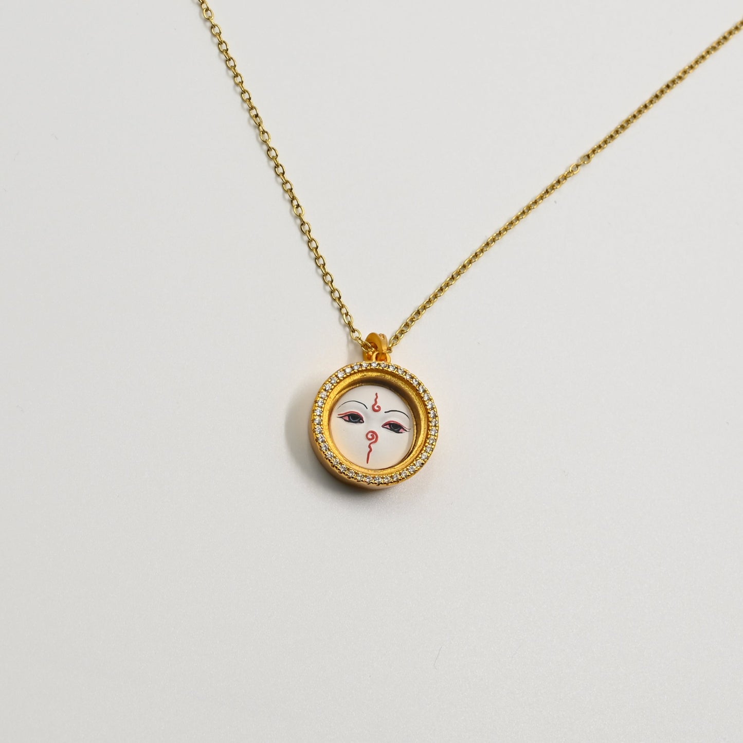 White Tara Compassion Eye Thangka Pendant with Cubic Zirconia & Brass