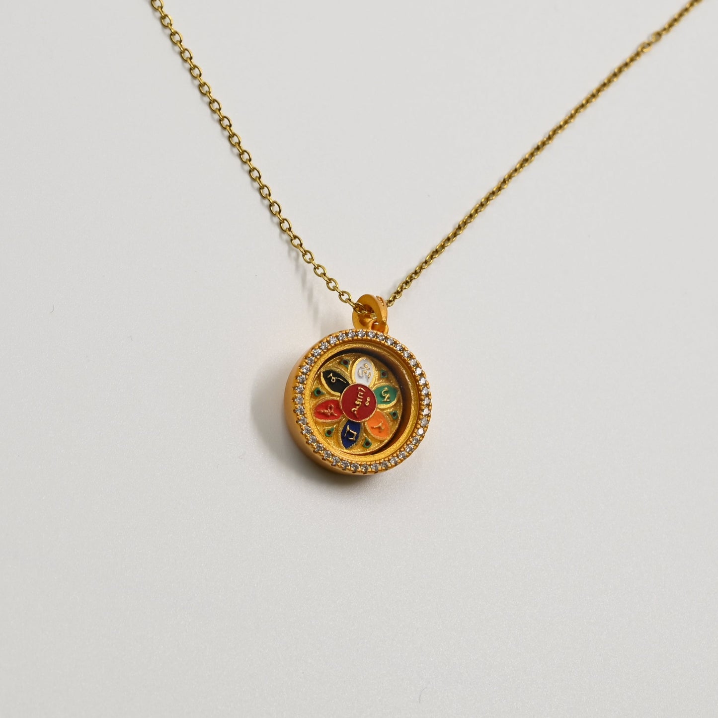 Six-Syllable Mantra Thangka Pendant with Cubic Zirconia & Brass