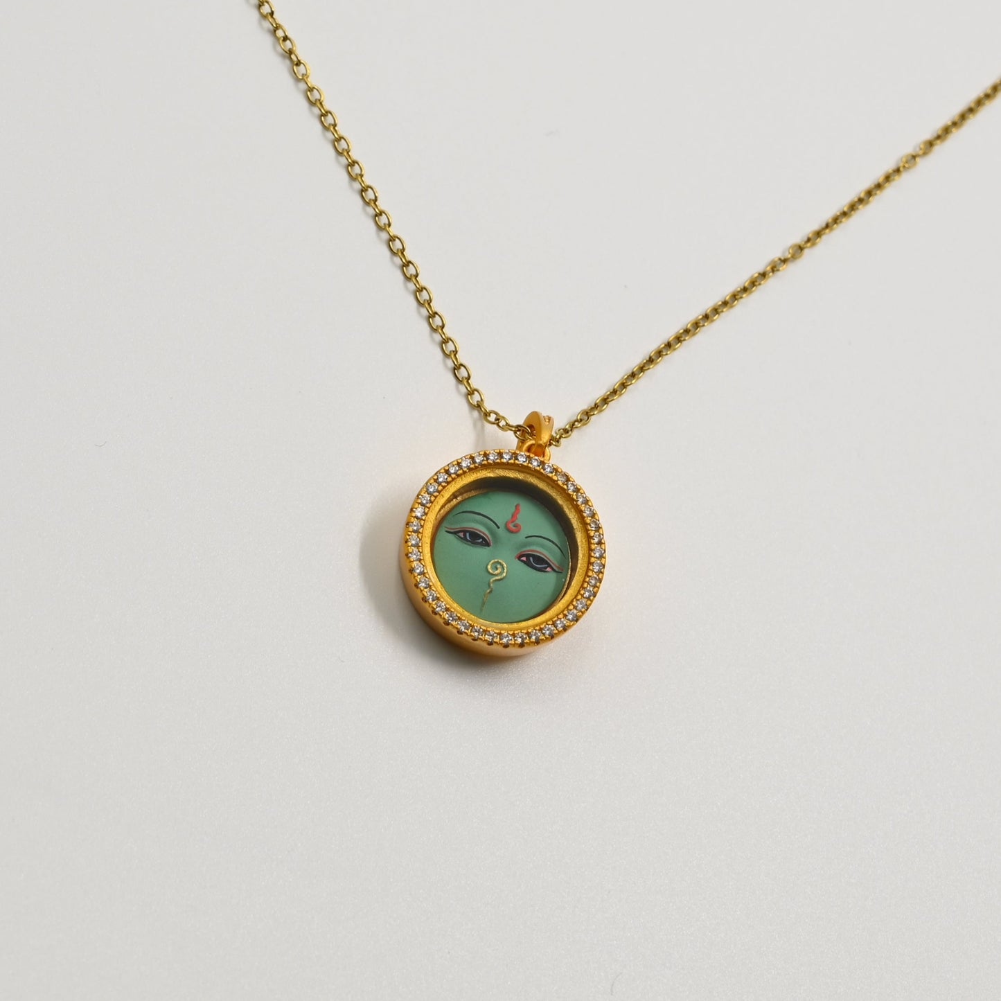 Green Tara Protection Eye Thangka Pendant with Cubic Zirconia & Brass