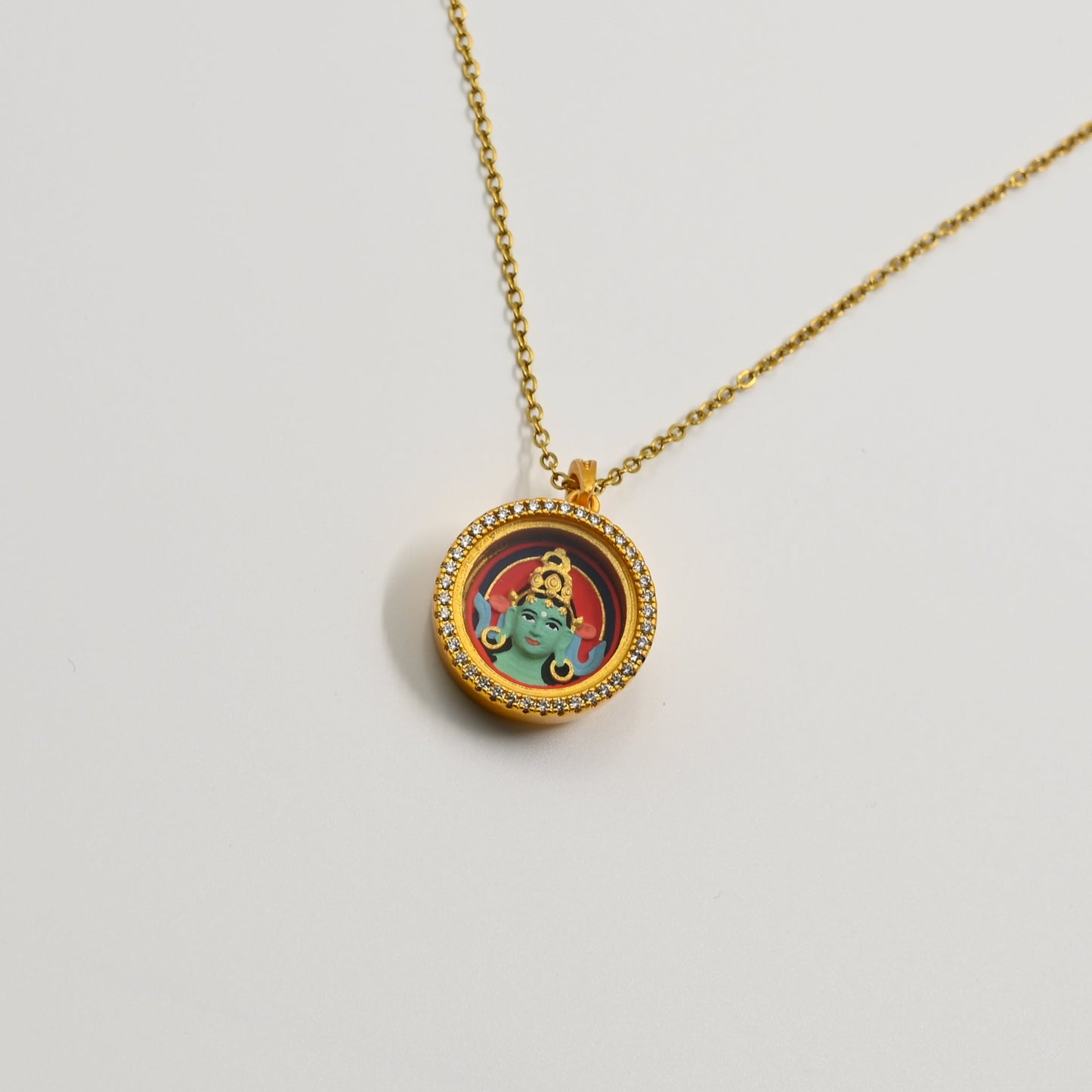 Green Tara Guardian Thangka Pendant with Cubic Zirconia & Brass
