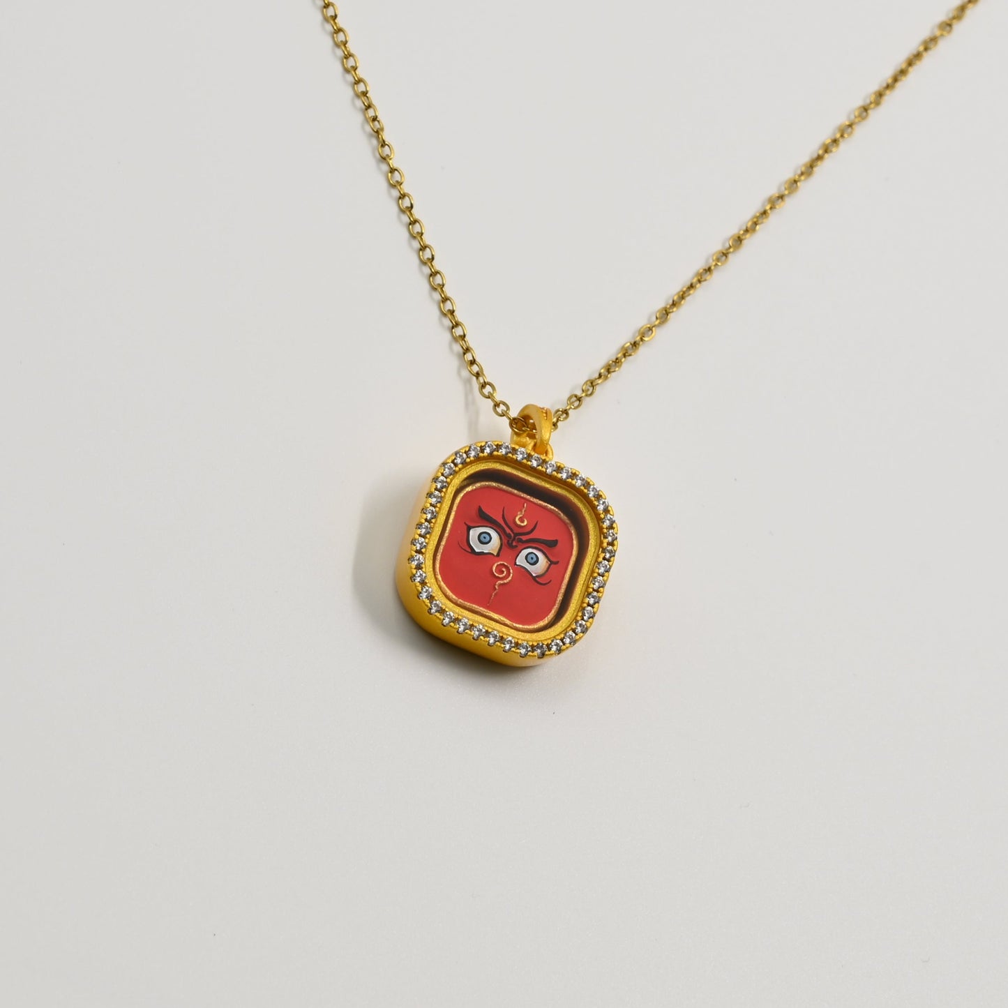 Red Wealth Deity Eye Thangka Pendant with Cubic Zirconia & Brass