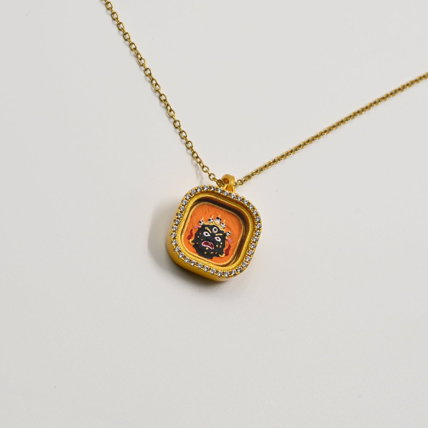 Mahakala Guardian Thangka Pendant with Cubic Zirconia & Brass