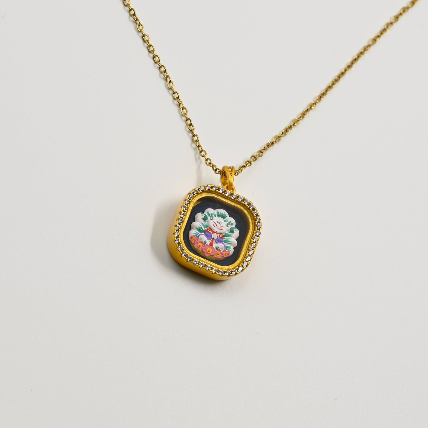 Peach Blossom Fox Spirit Thangka Pendant with Cubic Zirconia & Brass